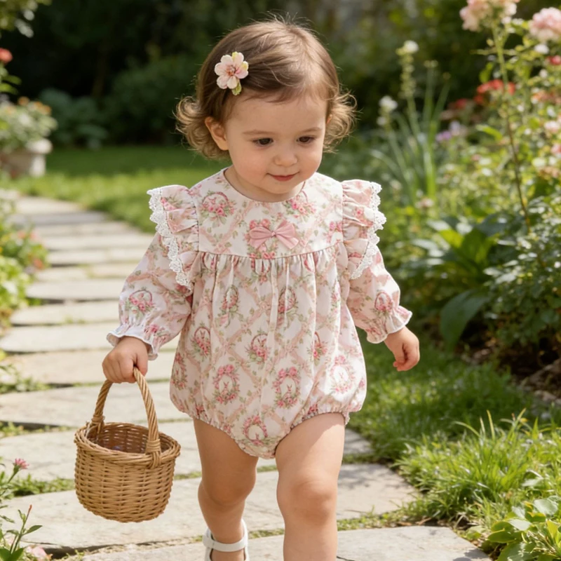 IYEAL New Arrival Baby Girl Romper, Cute Floral Print Long Sleeve Bodysuit with Ruffle & Bow, Sweet Princess Onesie for Spring
