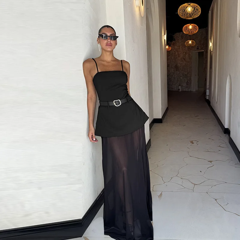 YJ25287DGO جديد طويل مثير أنيق ركاب نمط شبكة المرقعة فستان بحزام