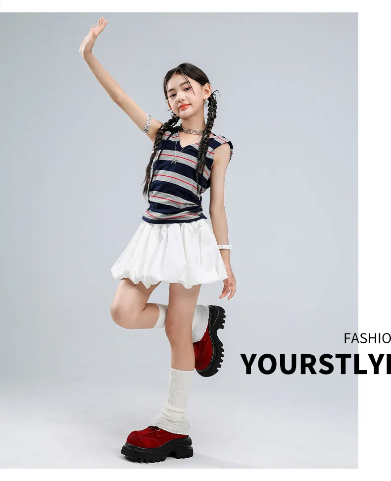 Jazz Dance Hooded Top Korean Style Hip Hop Street Stage Performance Vest Modern Trendy Striped Girls Sparkle Competition Outfit