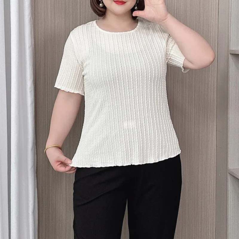 Texture Twill Jacquard Comfortable Short Sleeve T-shirt Women Summer New Plus Size Slim Tops