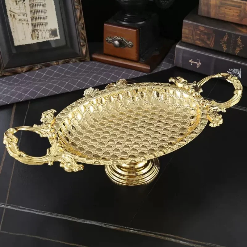 European Vintage Iron Art Metal Fruit Tray Gold round Serving Plate Home Living Room Decor Kitchen Storage Dish view 2