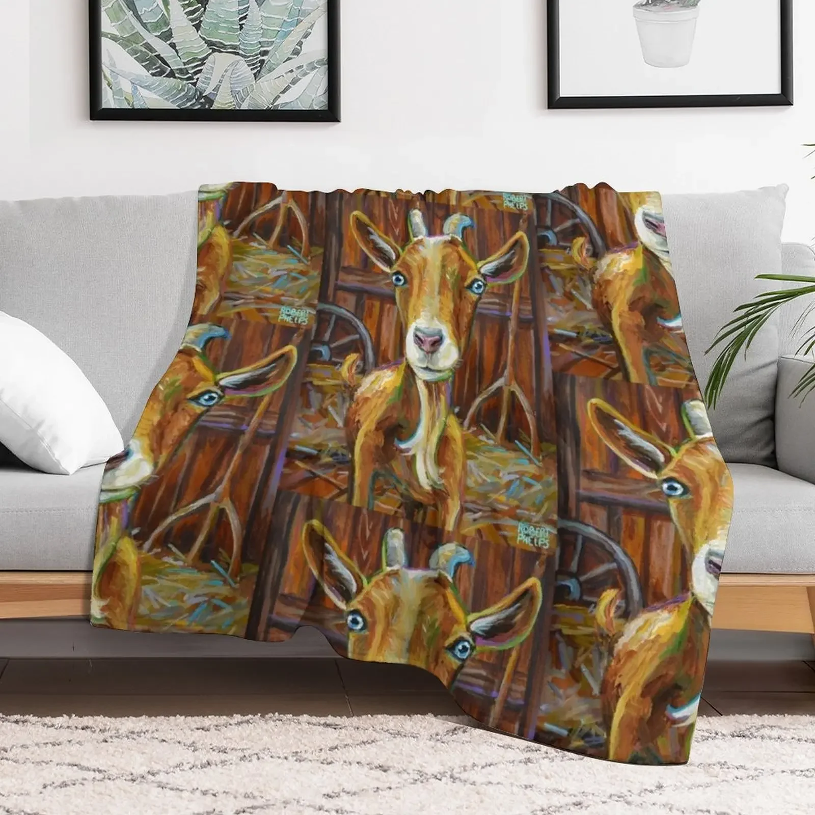 Golden Goat in Barn by Robert Phelps Throw Blanket Ultra Plush Cozy Blanket for Napping Sleeping
