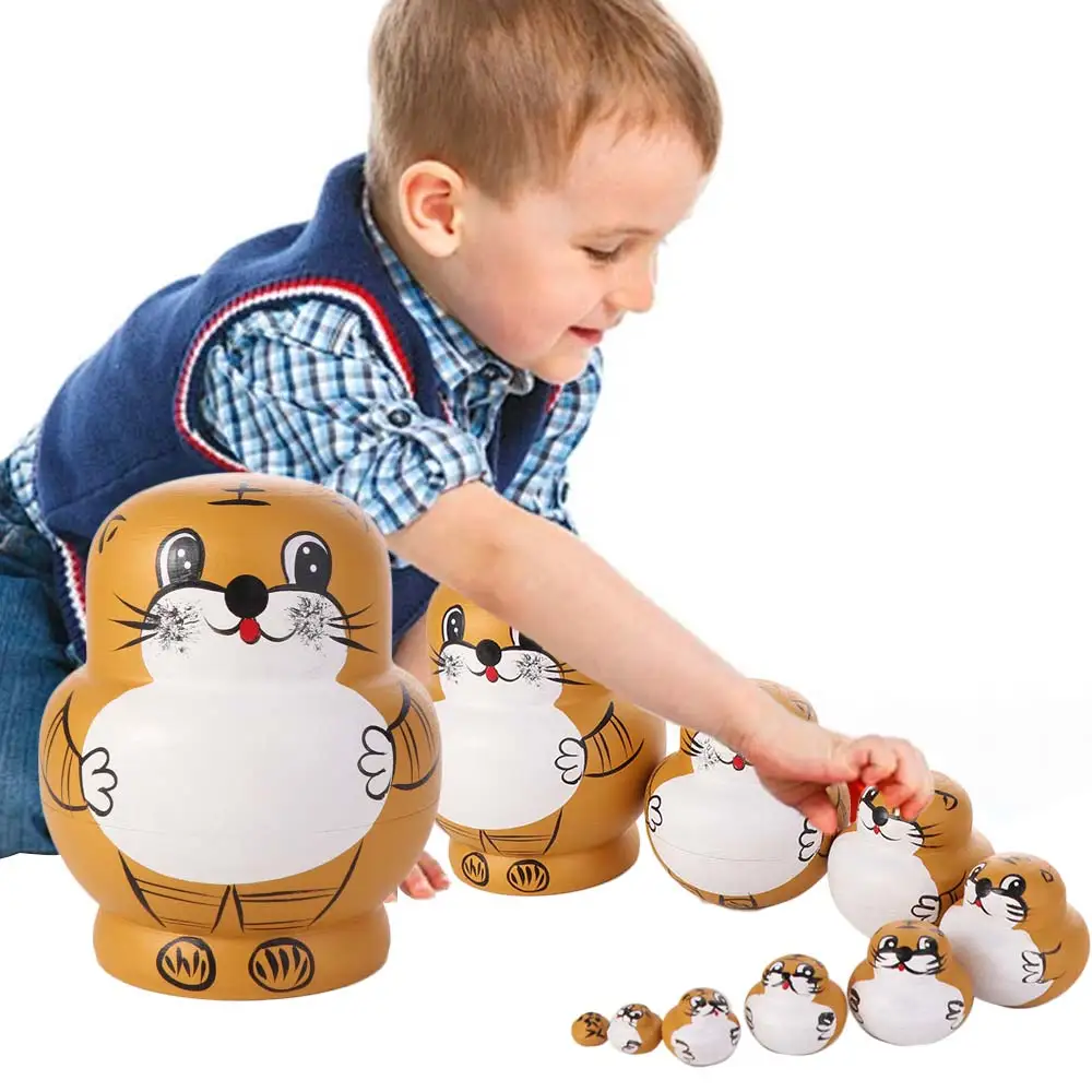 10 Layer Tiger Russian Nesting Animals Pattern Wooden Animal Tiger Stacking Large Eyes Cartoon Matryoshka Toddlers Child