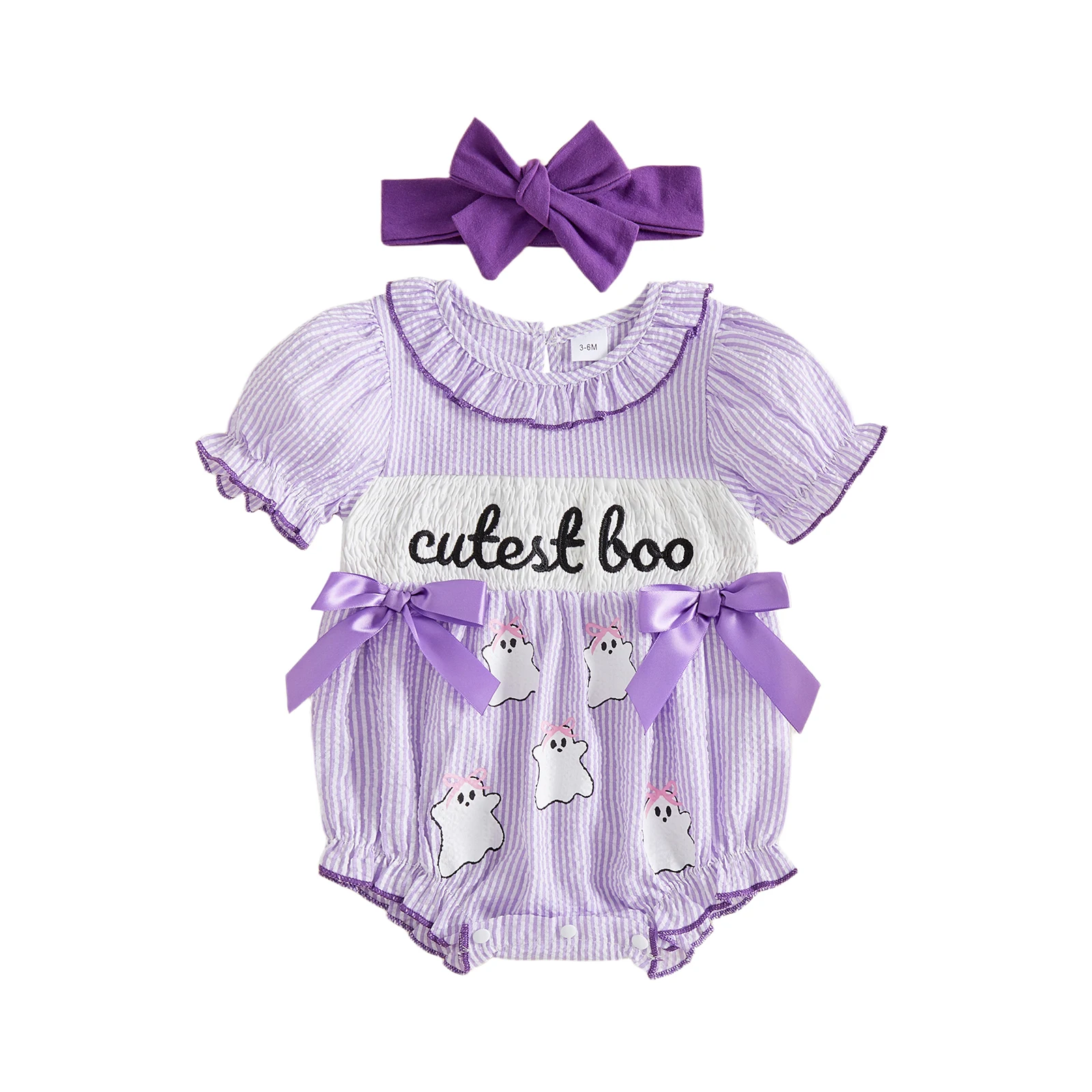 Girl Short Sleeve Bodysuit Letter Ghost Embroidery Striped Romper Headband