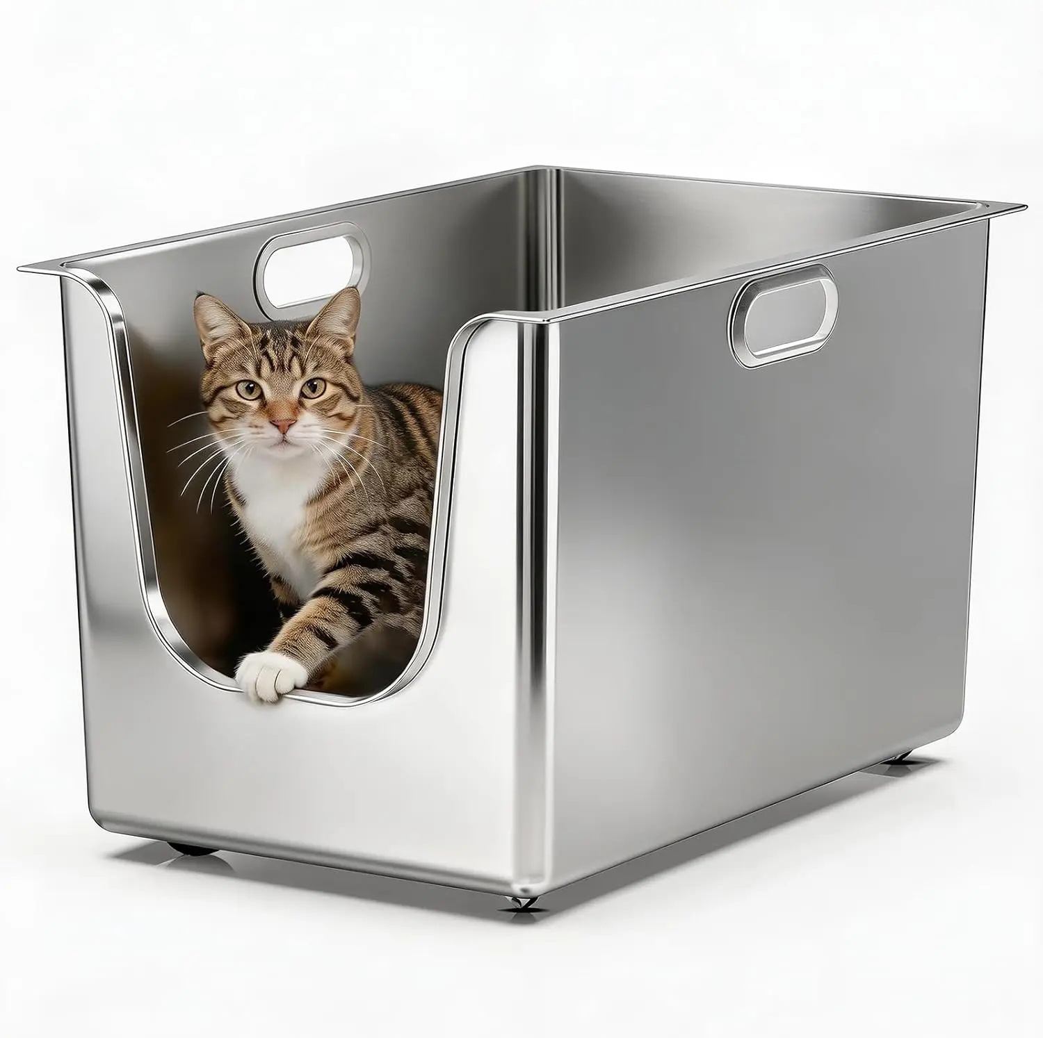 Stainless Steel Litter Box 13.7" High Sides, XL Cat Litter Pan with Curved Low Entry for Big Cats, Wheels for Easy Moving