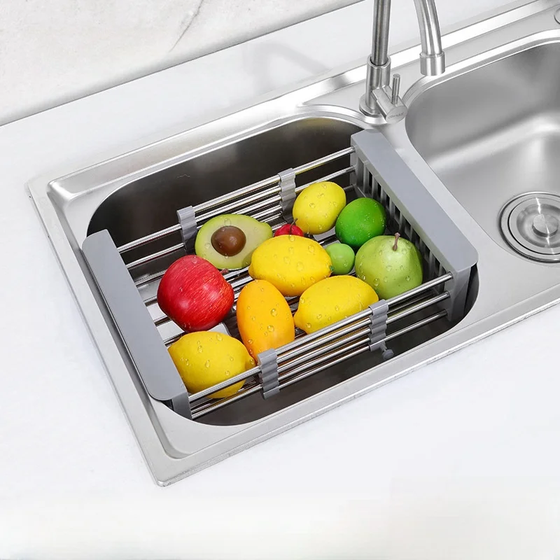 

Stainless Steel Telescopic Drainage Rack Kitchen Multifunctional Sink Organiser Vegetable & Fruit Drainage Basket NEW