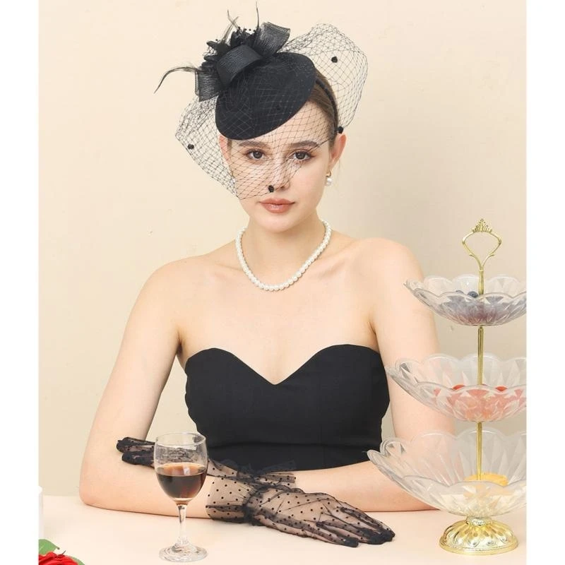 Retro Short Mesh Gloves & Feather Large Veil Cheongsam Show Banquet Women Costume Accessories Hat Gloves Charming Decor