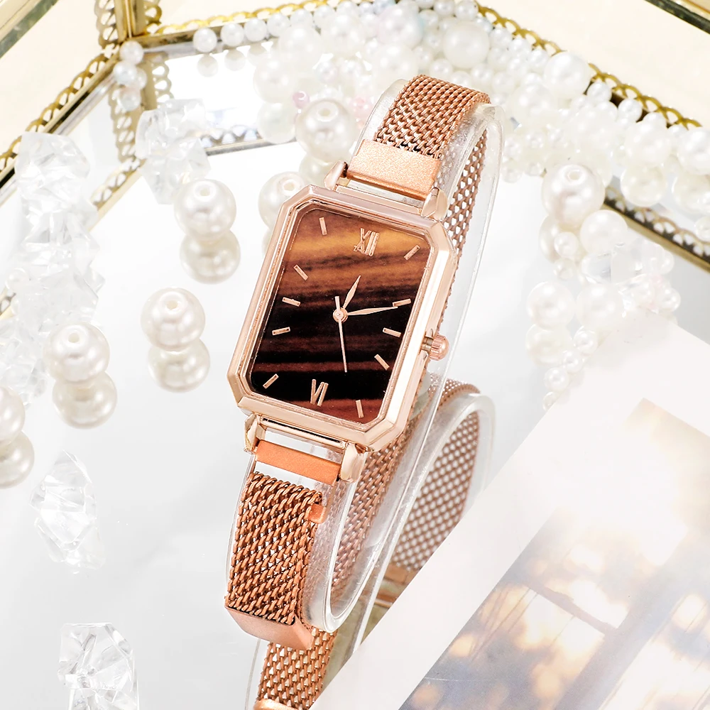 Women Watches Fashion Square Ladies Quartz Watch Bracelet Set Green Dial Simple Rose Gold Mesh Luxury Women Watches