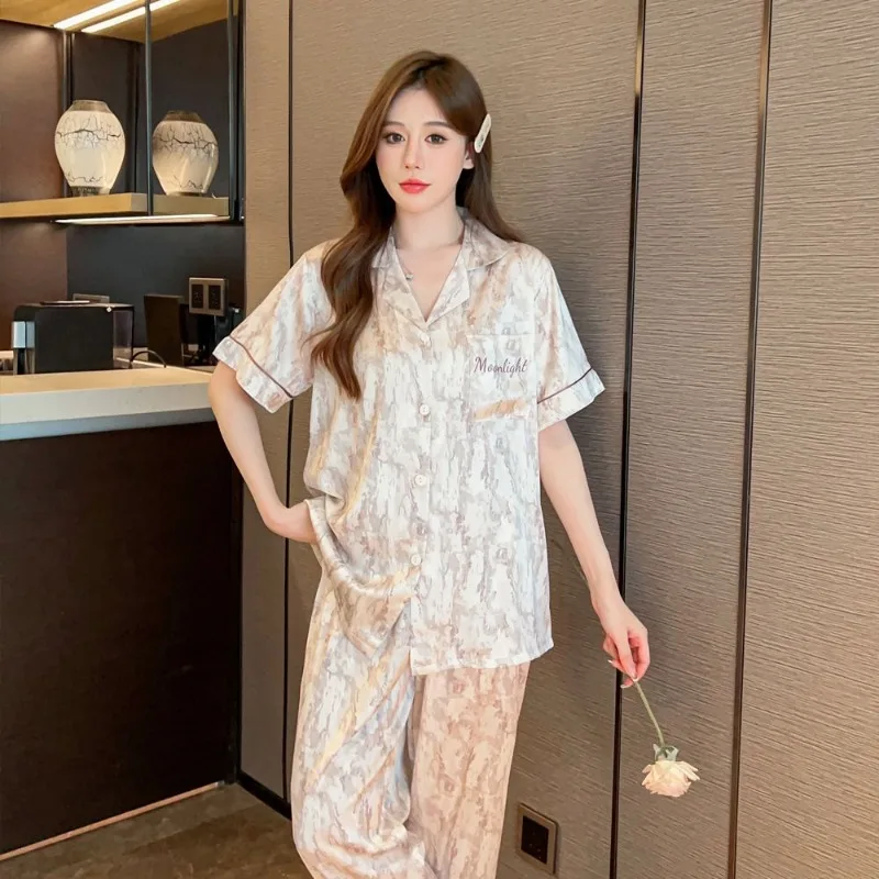 2026 New Summer Ice Silk Women‘s Pajamas Lapel Button Cardigan Pajamas for Women 2 Piece Set Fashion Tie-dye Print Set Sleepwear