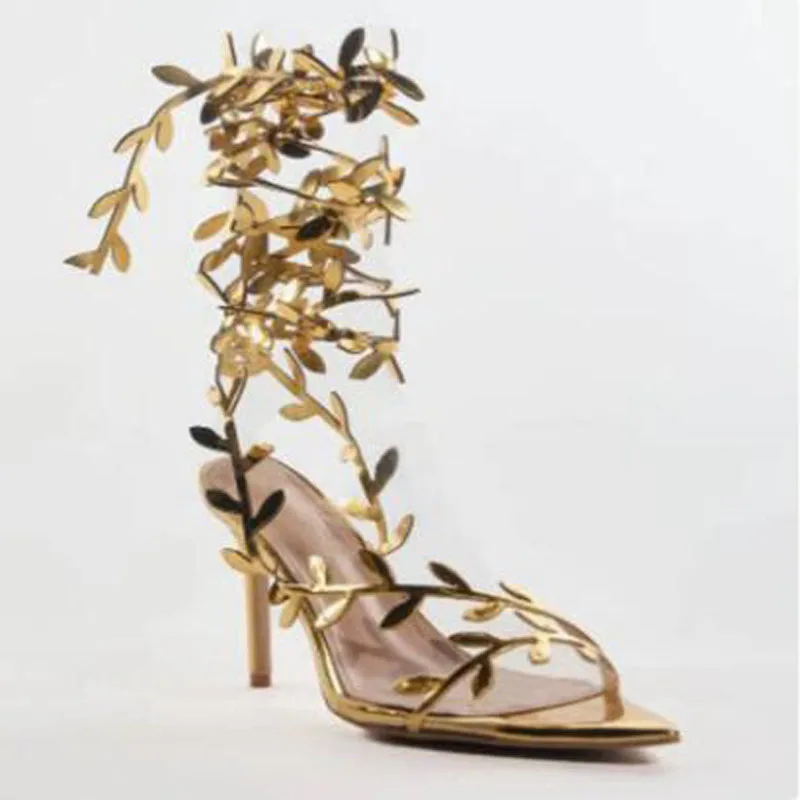 Women Gold Metal Leaf Vine Cut‑out High Heel Sandals Pointed Toe Stiletto Heels, Wrap‑Around Calf Strappy Evening Dress Shoes