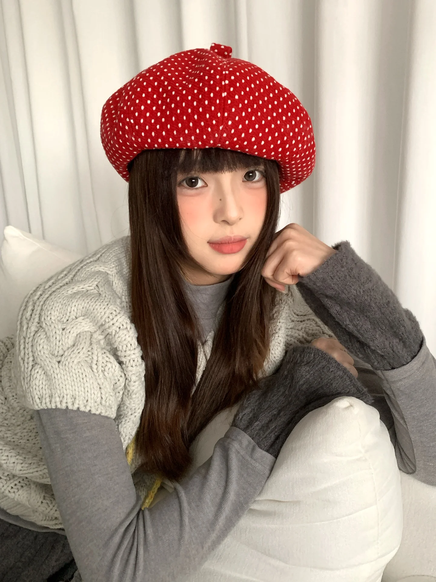 Korean Style High-End Red Polka Dot Beret For Women Warm Octagonal Hat For Winter Newsboy Hat