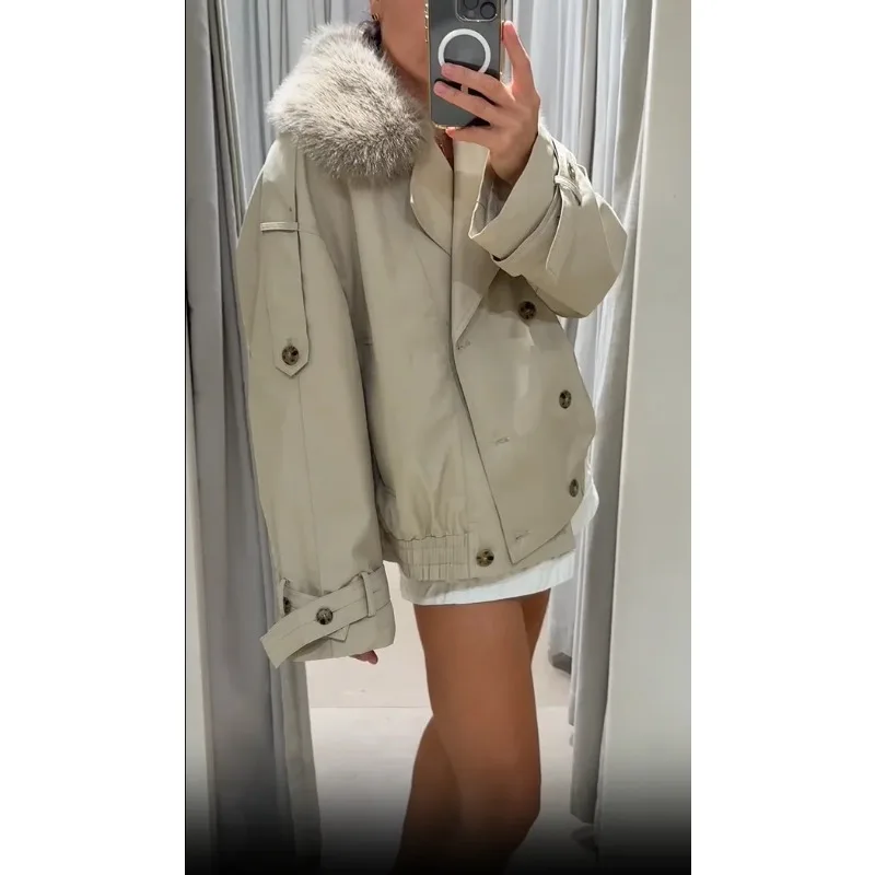 Cappotto corto giacca a vento corto con collo in pelliccia chic Moda donna Giacca ampia con tasca doppio petto Capispalla da ufficio per pendolarismo quotidiano autunnale