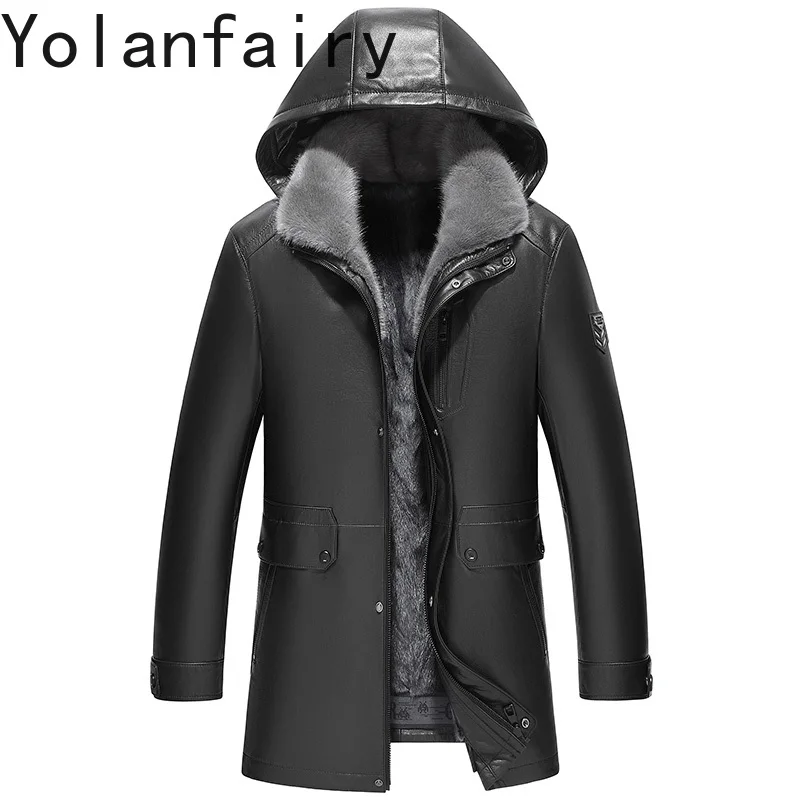 YOLANFAIRY سترة جلدية أصلية للرجال بقلنسوة شتوية فاخرة 2025 معطف بطانة من فرو المنك بالكامل معاطف دافئة من الفرو الحقيقي ملابس للرجال
