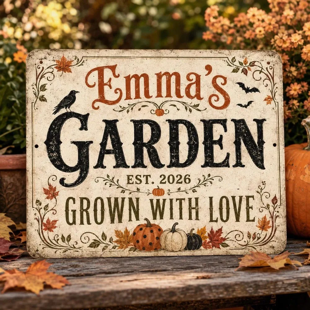 1pc Customizable Fall Garden Metal Plaque, Personalized Name Date Vintage Distressed Wall Decor for Yard Outdoor Home (Decor Onl