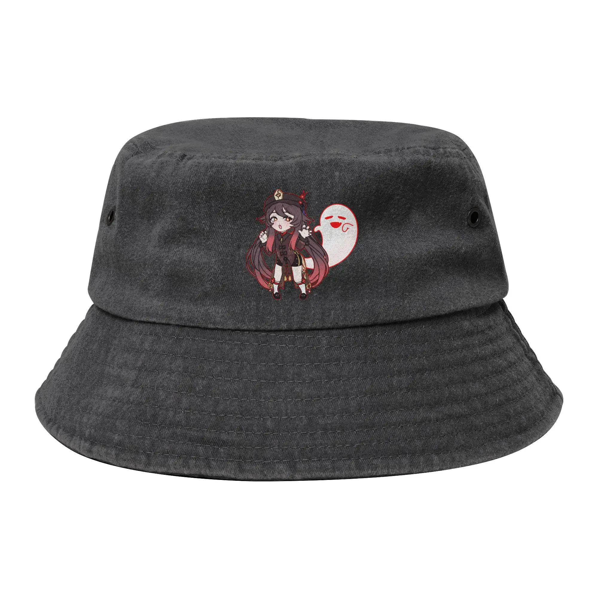 Genshin Impact Bucket Hats for Teen Vocation Hu Tao Ghost Distressed Denim Field Hat UV Protection for Vacation Fisherman Cap