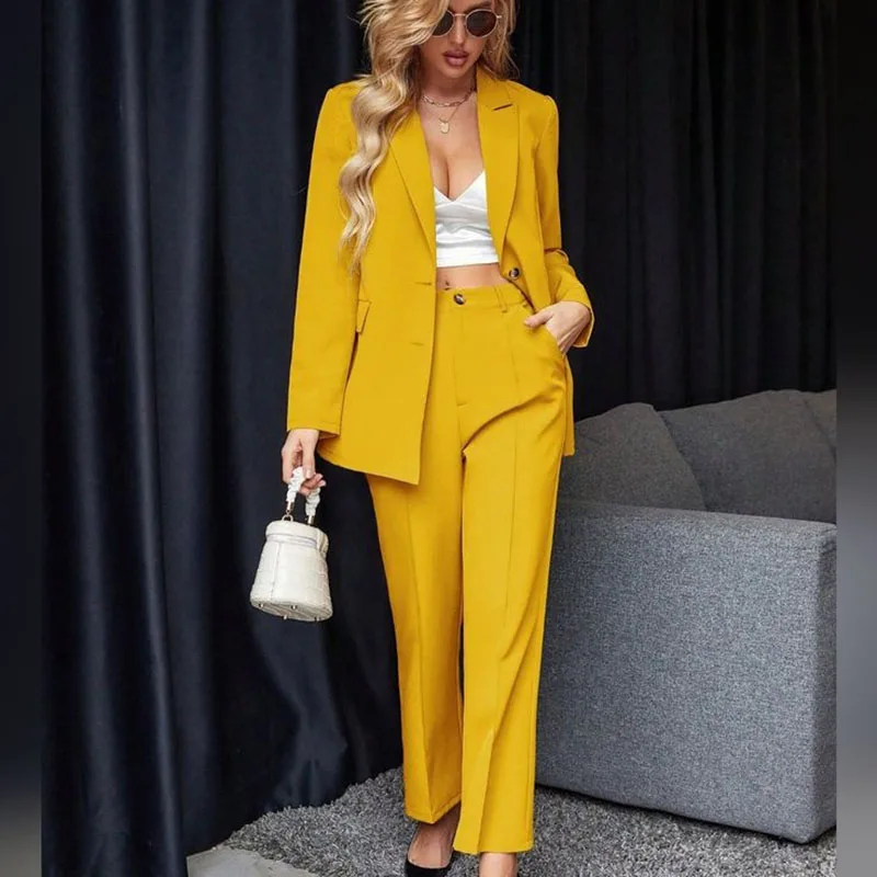 High Quality Women's Suits Blazer Solid Color Single Breasted Clothing Peak Lapel Slim Fit Office Lady 2 Piece Jacket Pants Sets