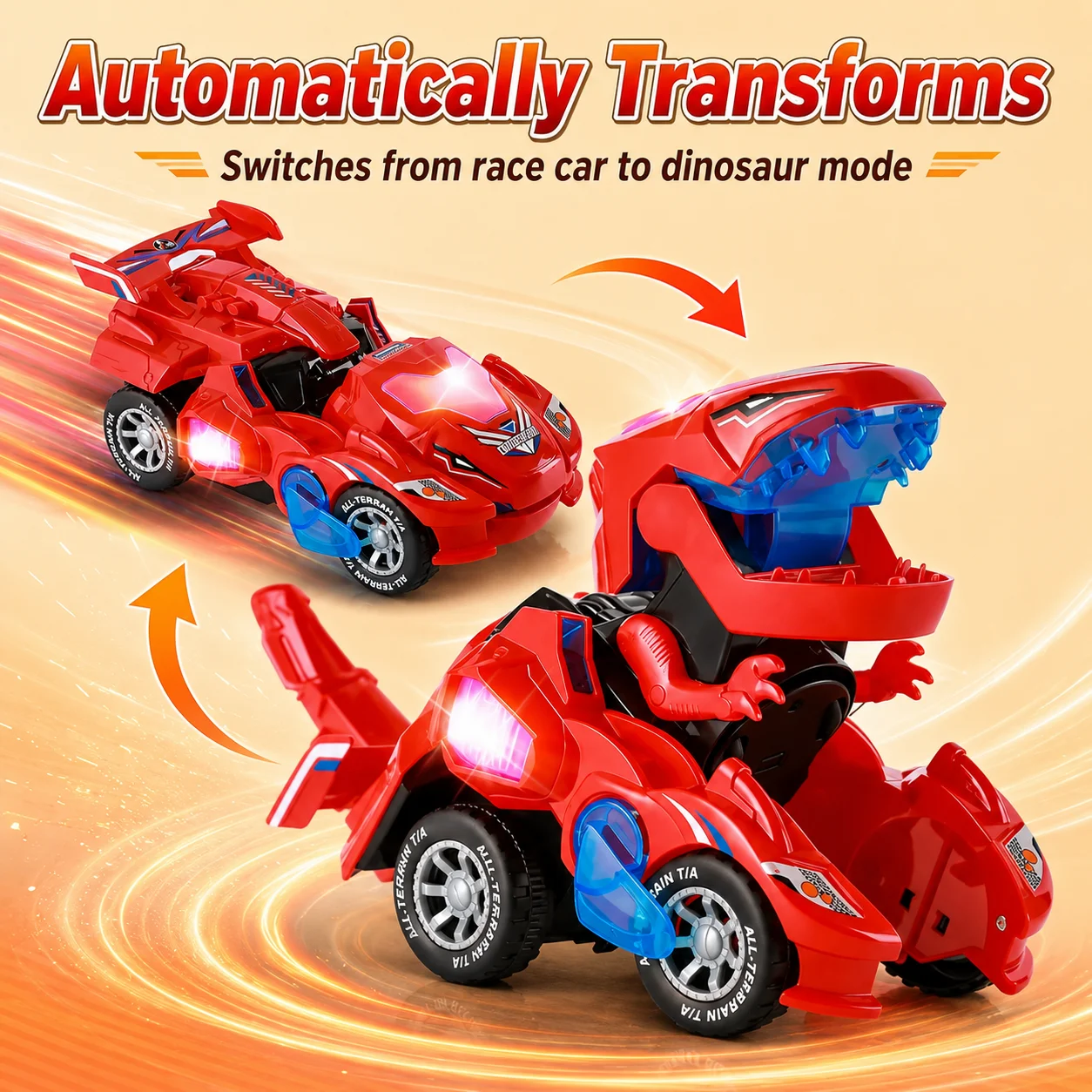 2-in-1 Jurassic Transforming Dinosaur Car Robot Toy, Automatic Transformation with Lights & Music, Educational Vehicle Gift for