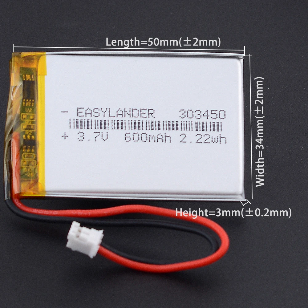  €3 VAT Included 5Pcs /Lot 303450 3.7V 600mAh PH2.0 2P Rechargeable  Lithium Li-ion Polymer Battery With Silicone Wires