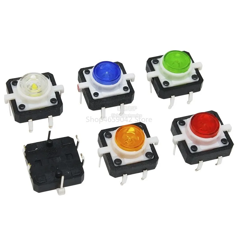 4 PIN DIP Illuminated Tact Switch 12x12x7.3mm Micro Key Power Tactile Switches with LED Light PCB Mount Solder Pin Button Switch