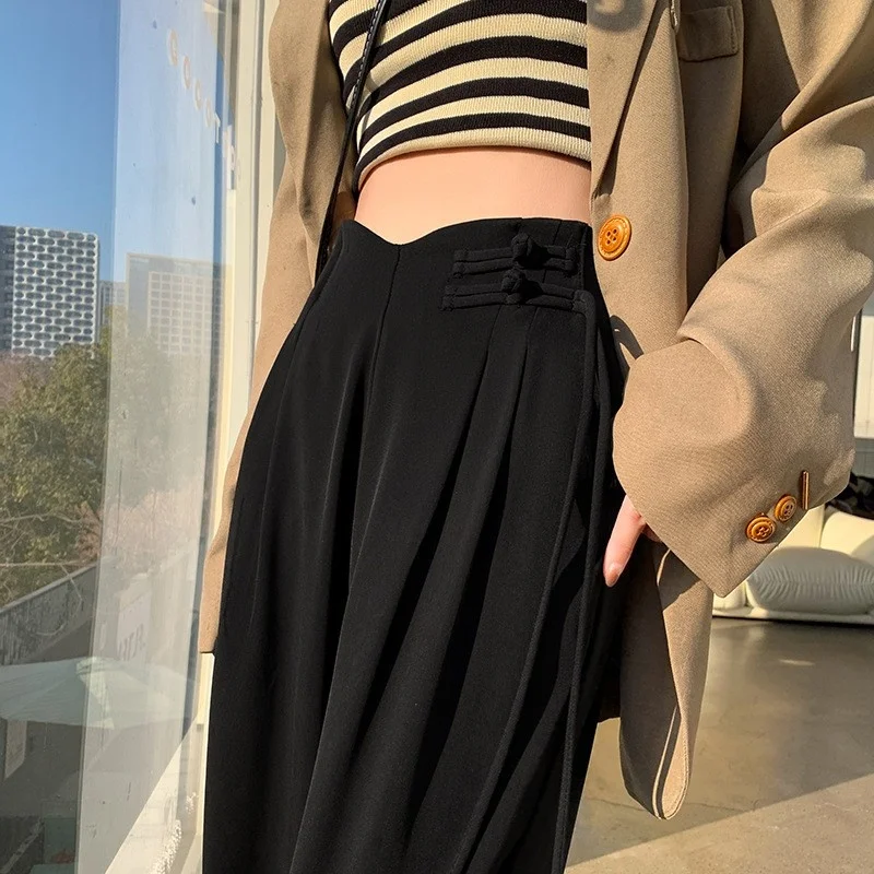 Khaki Straight Leg Casual Suit Pants Women's New Chinese Sle Buttoned Drape Small Size Autumn Wide Leg Trousers