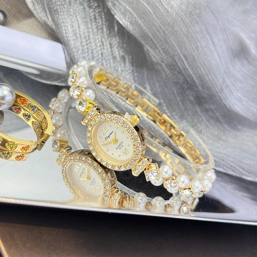Nieuwe Hot Parel Armband Horloge Luxe Diamant Ingelegde Vrouwen Quartz Horloge Ovale Wijzerplaat Dames Horloges Dropshipping klok