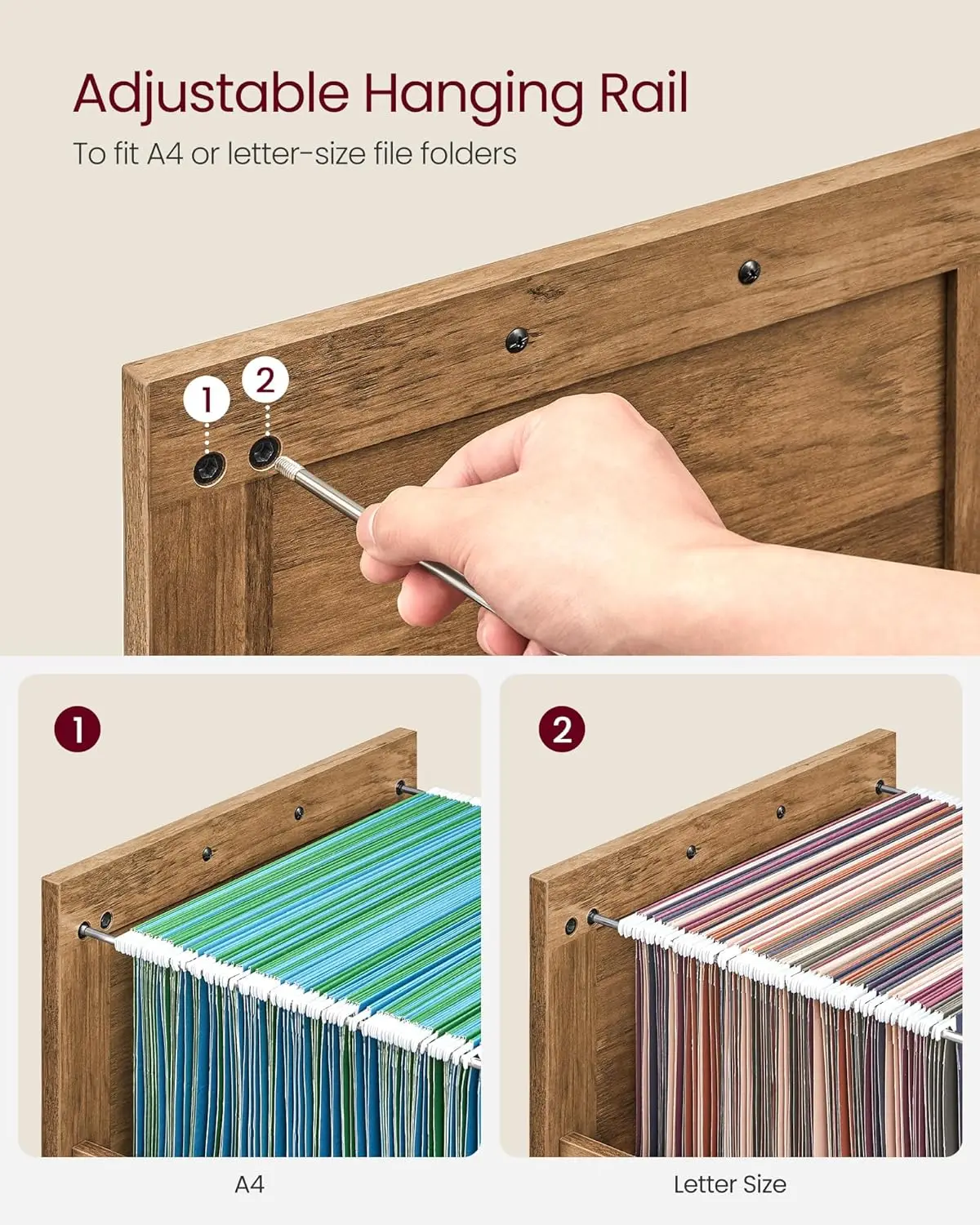 File Cabinet, Filing Cabinet with 3 Drawers, Printer Stand, Fit A4, Letter Size, Hanging File Folders, Modern Farmhouse Style, f