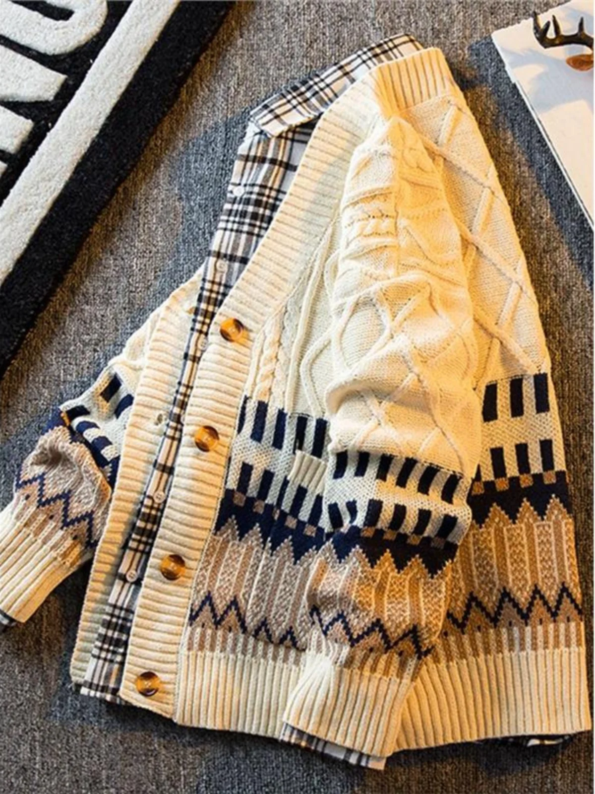 

Мужской вязаный кардиган в стиле ретро с V-образным вырезом, свободный повседневный свитер-жакет с ромбовидным узором