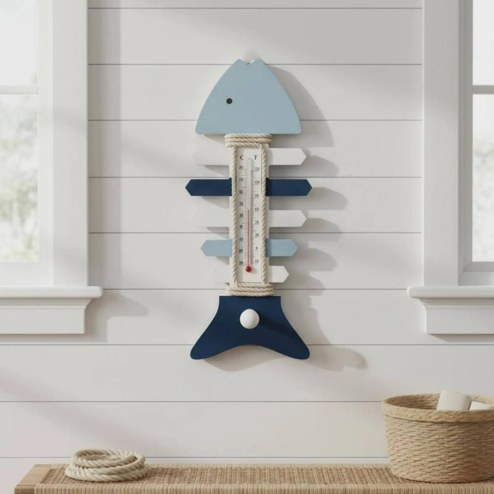 Wooden Aquatic Skeleton Thermometer Vintage Look Fishbone Thermometer with Hook Coastal Wall Decor Handmade Rustic Beach Theme