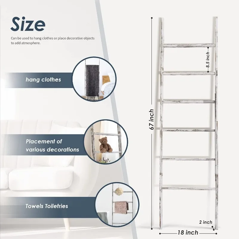 6-Tier Blanket Ladder Wooden, 5.7FT(66.5'') Blanket Quilt Towel Holder Rack Decorative Ladder, Easy Assembly