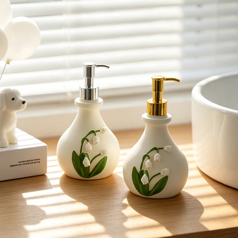 Modern White Resin Soap Dispenser Bottle Embossed Lily of the Valley for Bathroom Kitchen Sink Decor Housewarming Gift New 2026