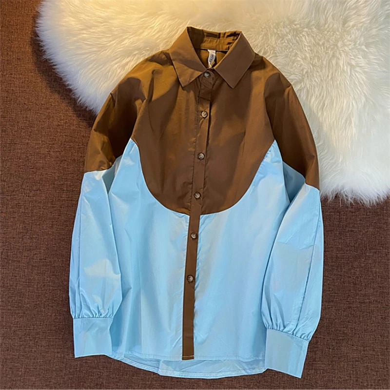 DAYIFUN American Fashion Shirts Women Contrasting Color Patchwork Design Blouses Spring Autumn Thin Ins Casual Long Sleeve Top