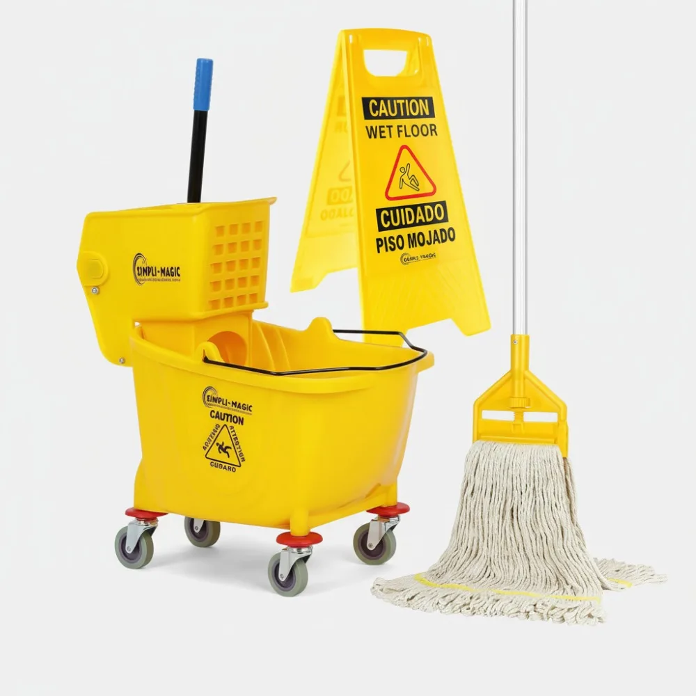 

Commercial Mop Bucket with Wringer on Wheels, 35 Quart Yellow Set for Office Hotel Home Use
