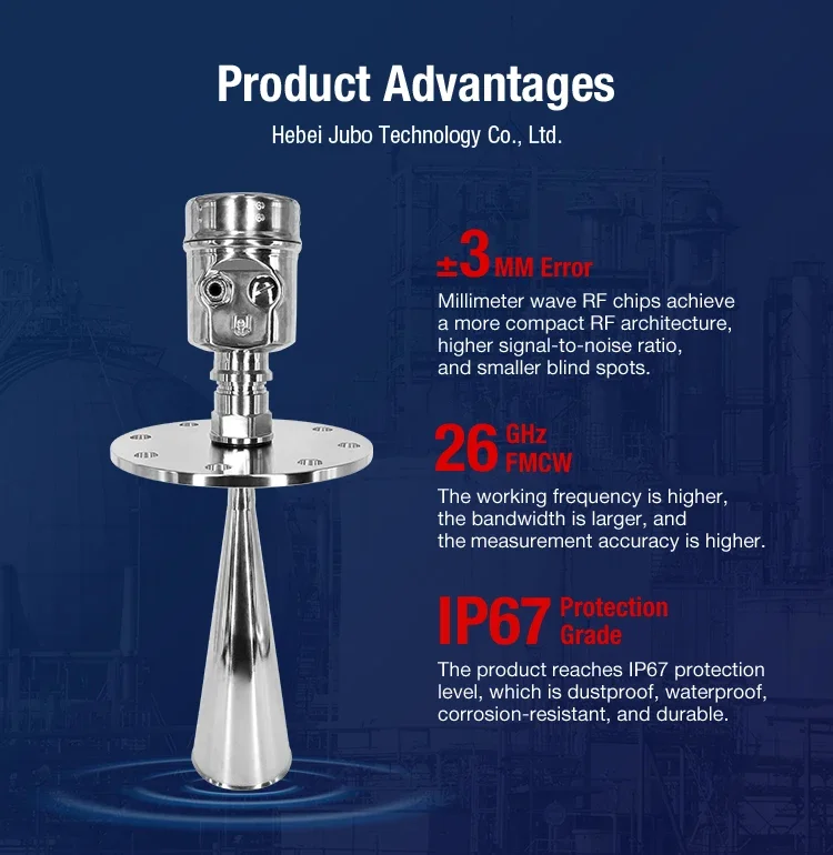 JBRD-802GL 26GHz Medição de distância de radar sensor transmissor de nível de radar de onda milimétrica