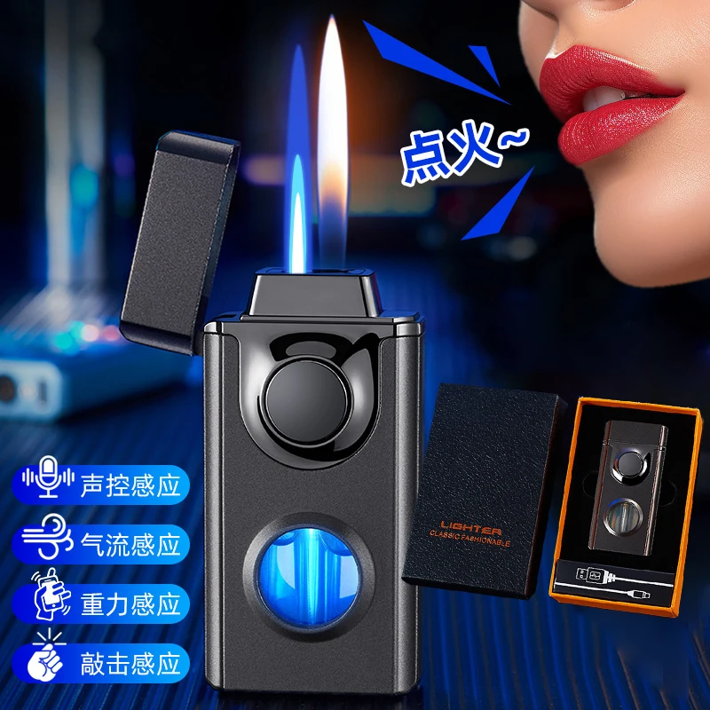 

Voice Activated Double Flame Lighter Blue Light Air Window Straight Flame, Gift Box Troll Doll Lighter