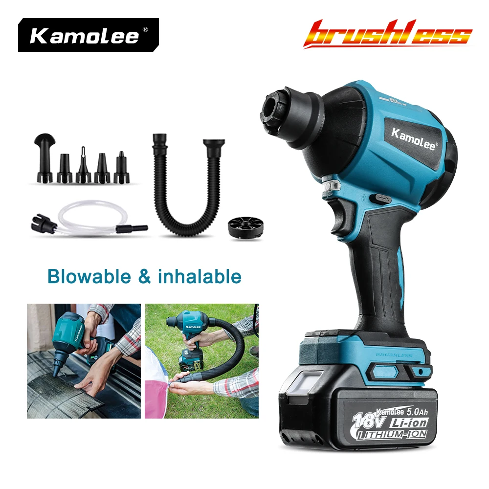 

Kamolee 1100W 40500RPM Brushless Air Blower Dust Inflator Vacuum Multifunction Rechargeable Blower For Makita 18V Battery