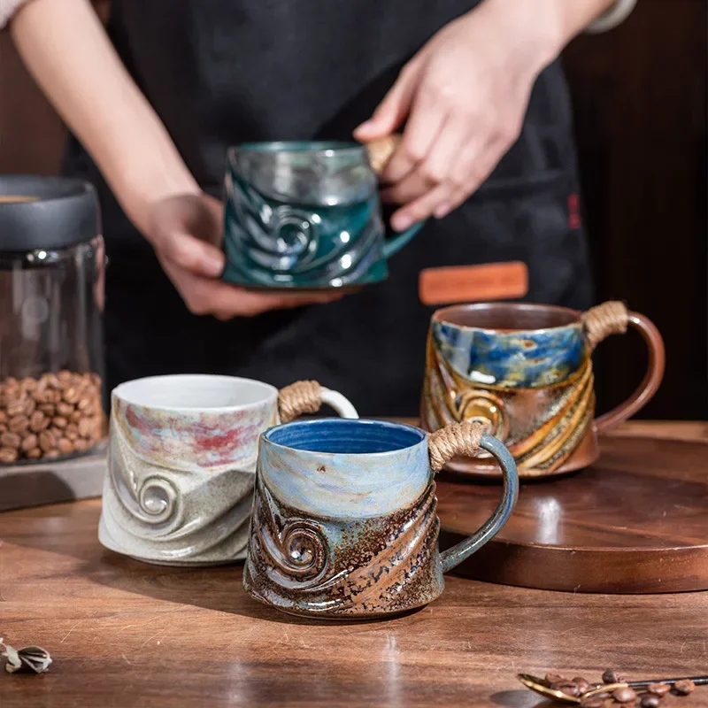 320 ml Keramik Becher Tee Kaffee Tasse Spirale Hanf Seil Vintage Büro Becher Wasser Tasse Haushalt Dekoration Handgemachte Geschenk Becher
