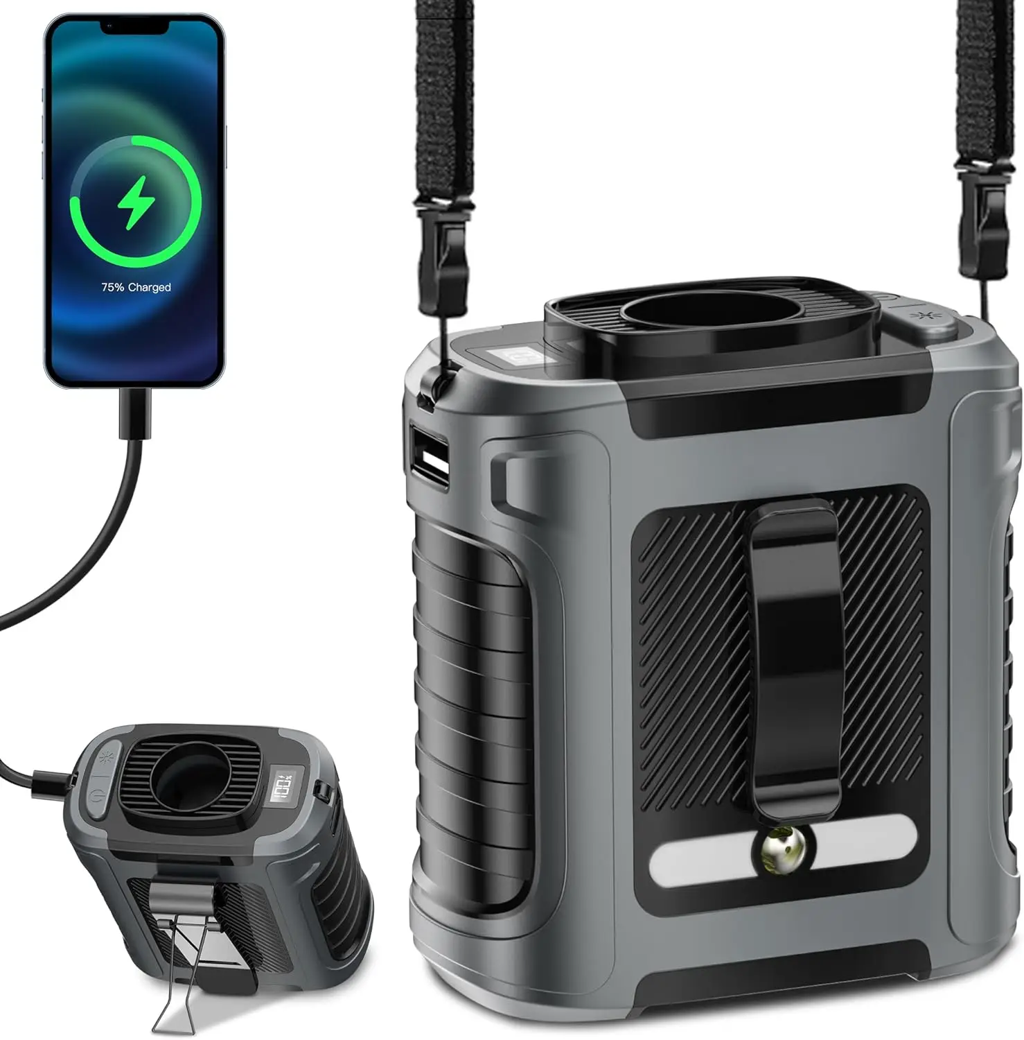 

Portable Waist Fan, 5 Speeds 20000RPM, 10000mAh, Display, Flashlight, Hands-Free, for Camping Outdoor