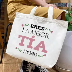 Best Aunt in The World Spanish Printed Tote Bag Women Shopping Bags Canvas Shoulder Bag Birthday Holiday Christmas Gift for Tia