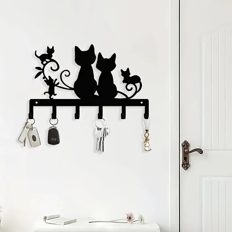 【2D Flat】Black Cat Silhouette Metal Wall Hook Elegant Key Holder Home Decor for Living Room, Bedroom Entryway Rustproof Stylish