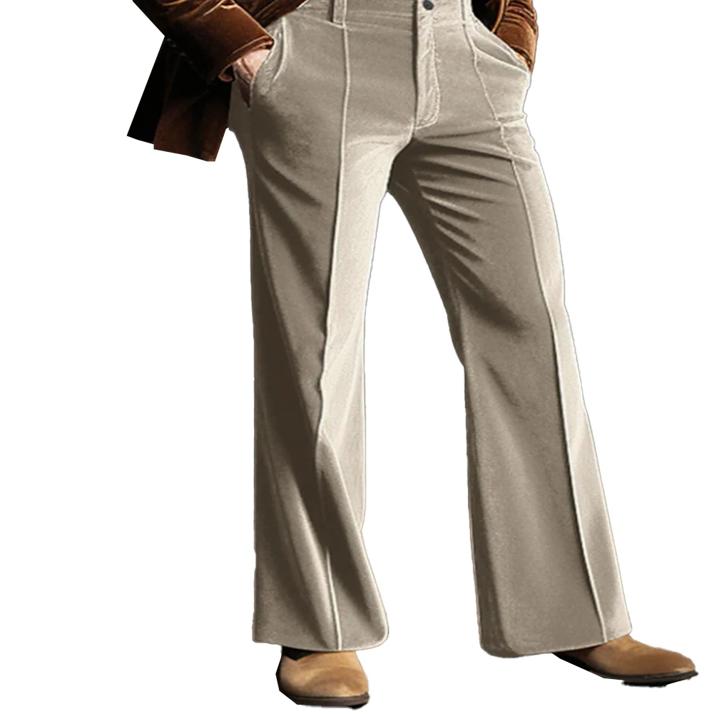 Mens Fashion Stand Pocket Elegant Gold Velvet Seamless Pants Flare Solid Color Strech Trousers Comfortable Full-Length Bottoms