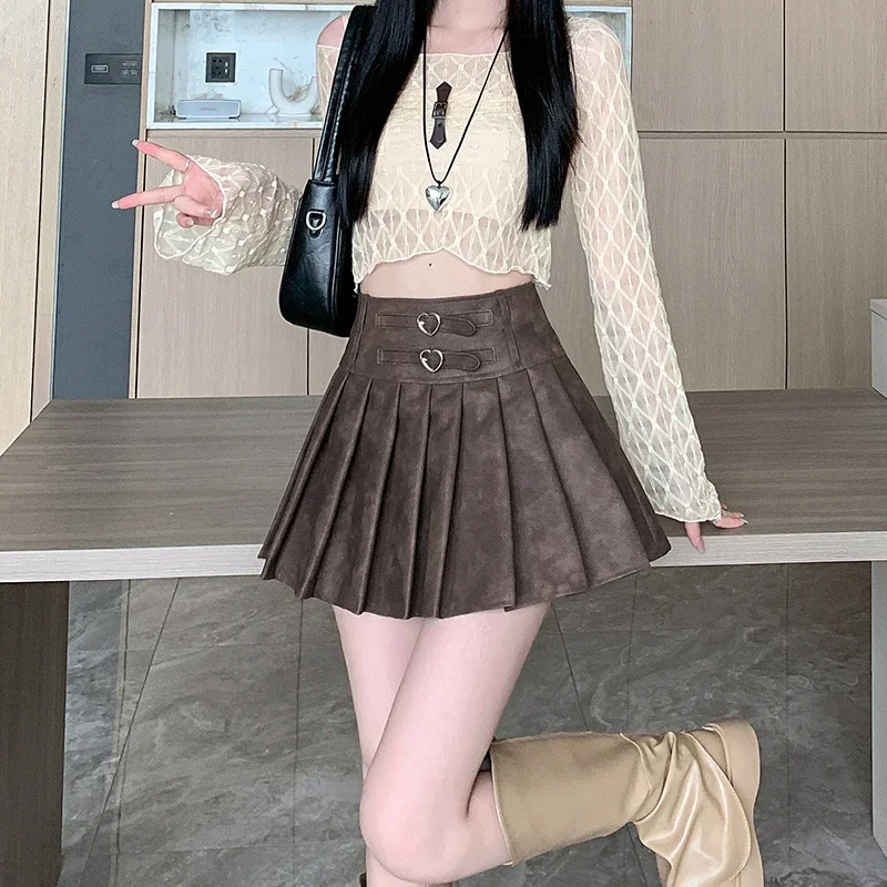 High waisted leather skirt, half body skirt, autumn and winter style, sweet, cool, spicy girl style, pleated skirt, short skirt