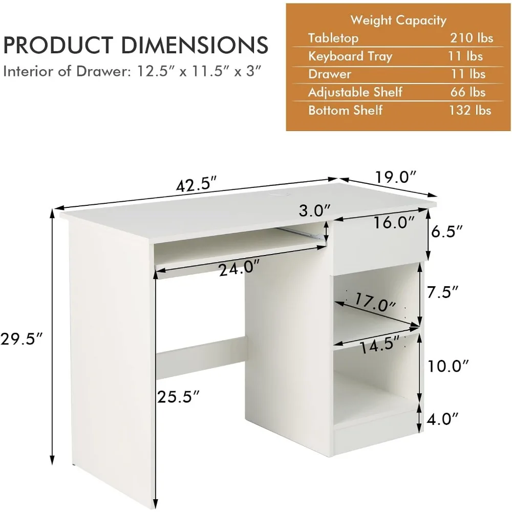 White Desk with Drawer, Wooden Computer Desk with Pull-Out Keyboard Tray & Adjustable Storage Shelves, Modern Laptop PC