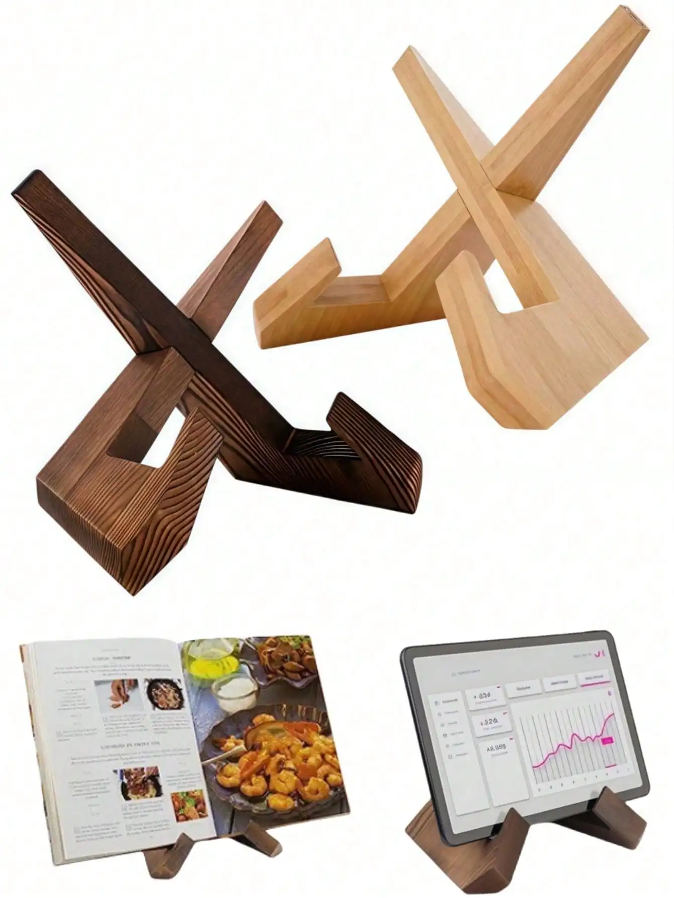 1pc Handcrafted Polished Vintage Wooden Recipe Book Stand Holder, Farmhouse Style Recipe Rack Suitable For Kitchen Countertop