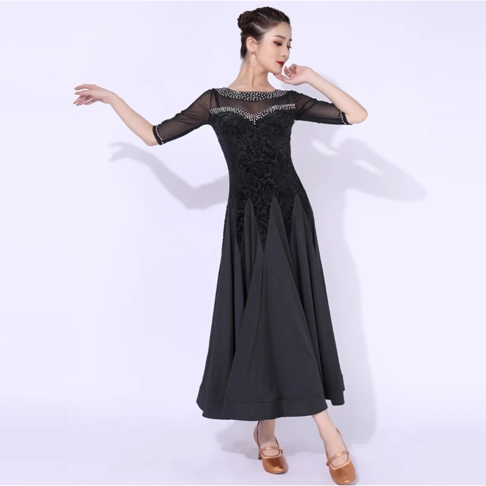 

Waltz Dress Long Sleeve Competition Temperament Crewneck Black Practice Suit Female Performance Lady Middle Sleeve Black