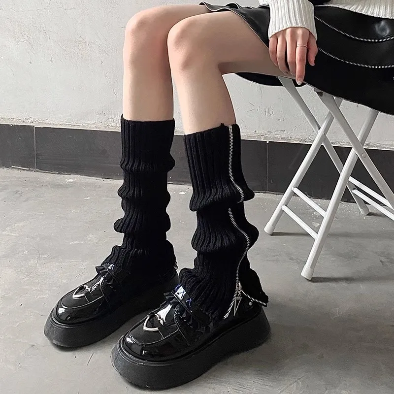 Winter JK Knitted Punk Premium Feel Zipper Harajuku Leg Warmer Lolita Leggings Y2K Millennium Style Sweet Cool Knee High Socks