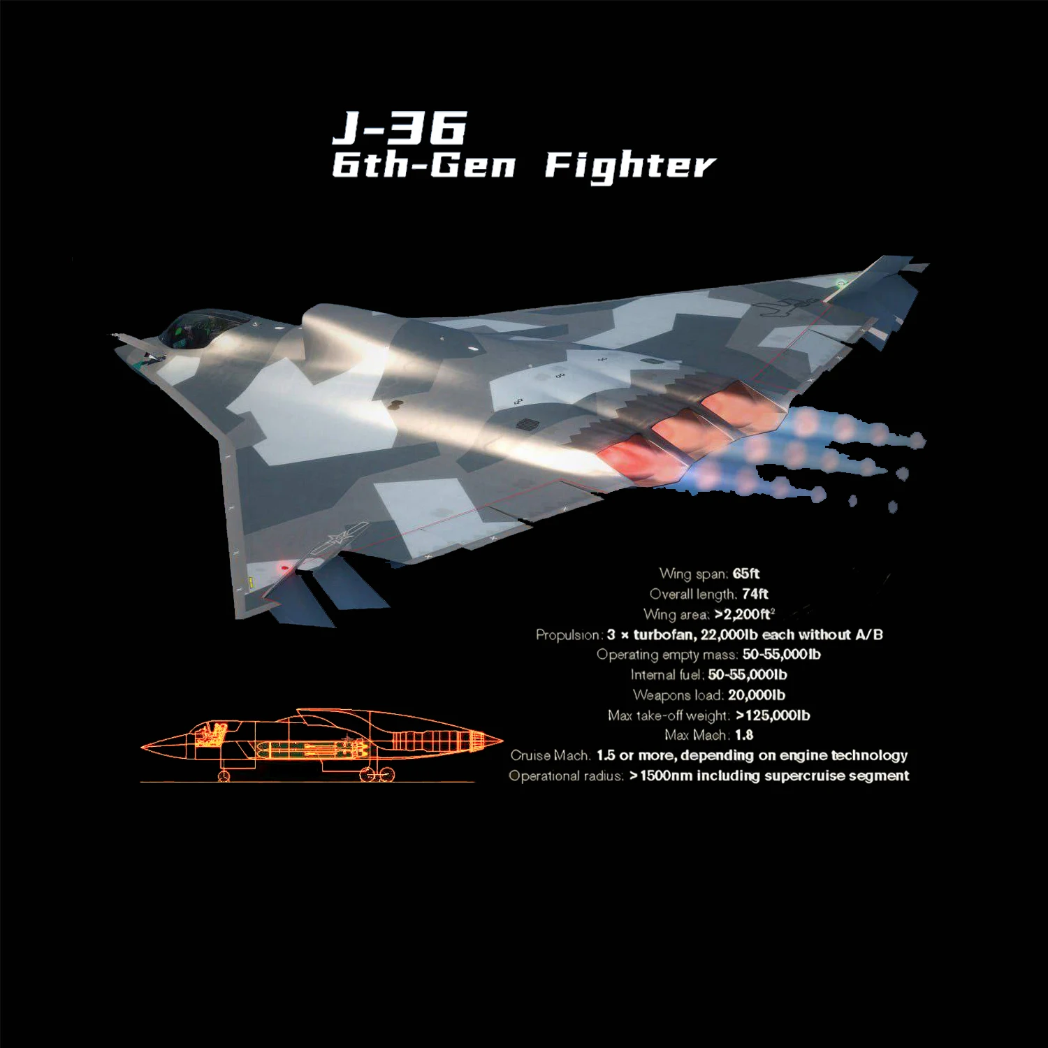 China 6th Gen CAC J-36 Tailless Stealth Fighter Aircraft T-Shirt 100% Cotton O-Neck Short Sleeve Casual Mens T-shirt Streetwear