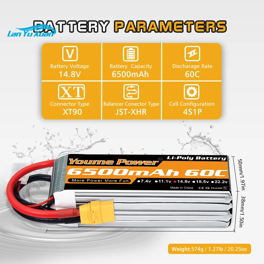 2PCS  4S Lipo Battery 14.8V 6500mah 60C T Deans EC5 XT60 for Slash X-Maxx Monster Car Helicopter Boat RC Parts