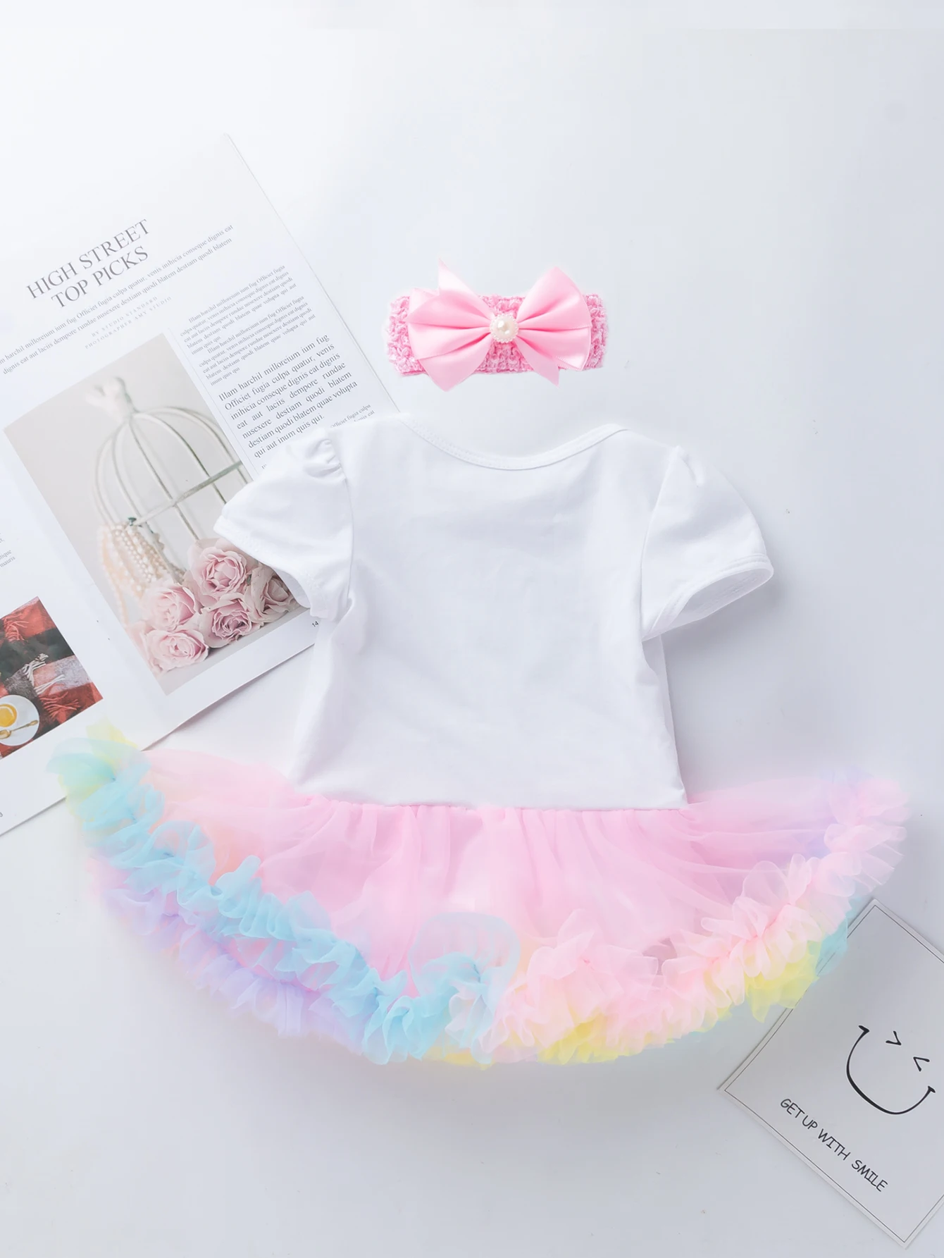 Baby Girls 1st Birthday Outfit Set Ice Cream/Crown Print Bodysuit Rainbow Tutu Skirt+Bow Headband Party Costume