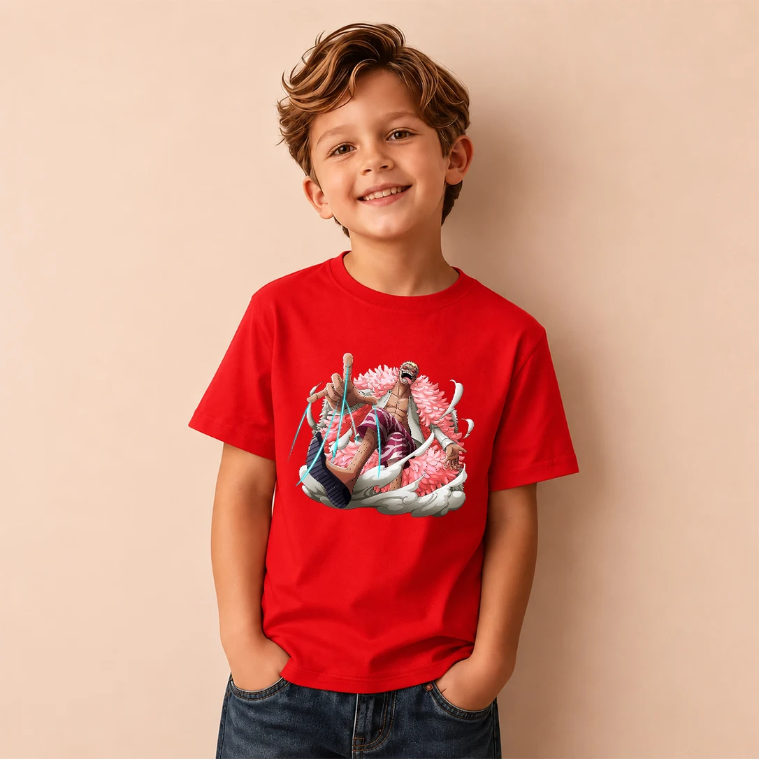 Kids T‑Shirt One Piece Donquixote Doflamingo Fighting Pose Print Short Sleeve Casual Tops Boys Girls Children Daily Wear Tees