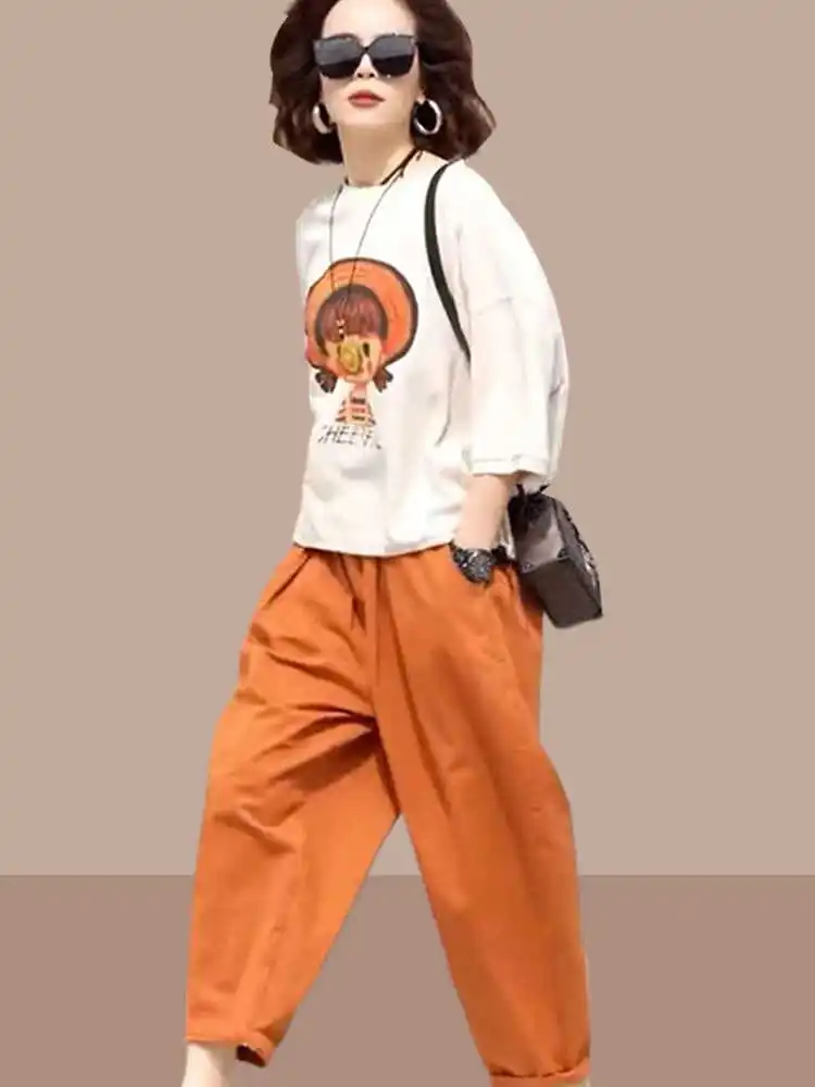

Summer 2025 Women's Fashion Casual Loose Short Sleeve Two-Piece Set Polyester Fiber round Neck Nine-Piece Pants Comfortable